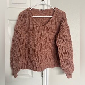 Magnolia Boutique Chunky Knit Sweater in Mauve Balloon Sleeves V-Neck Cropped